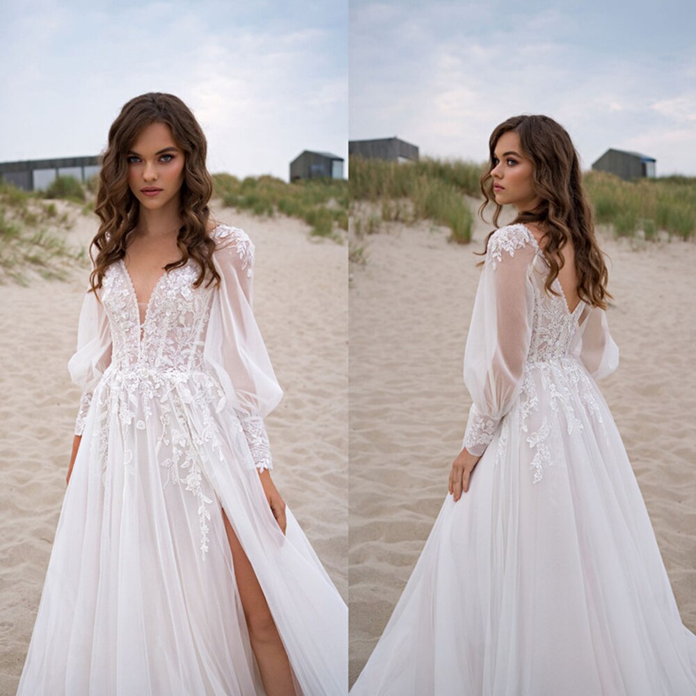White Bridesmaid Dresses: V-Neck Wedding Dresses Puff Sleeves High Slit Backless