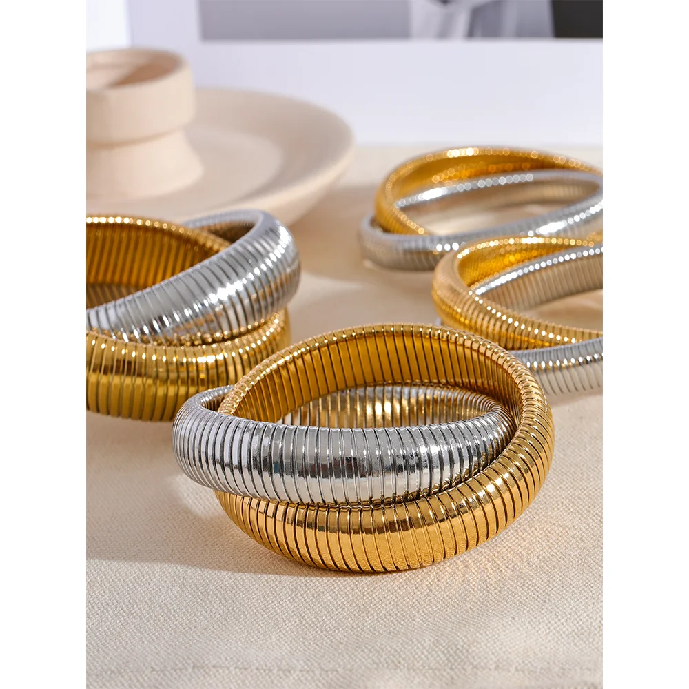 Yhpup Waterproof Stainless Steel Elastic Thick Metal Punk Bracelet Bangle 18K Gold Plated Fashion Women Trendy Jewelry Bijoux