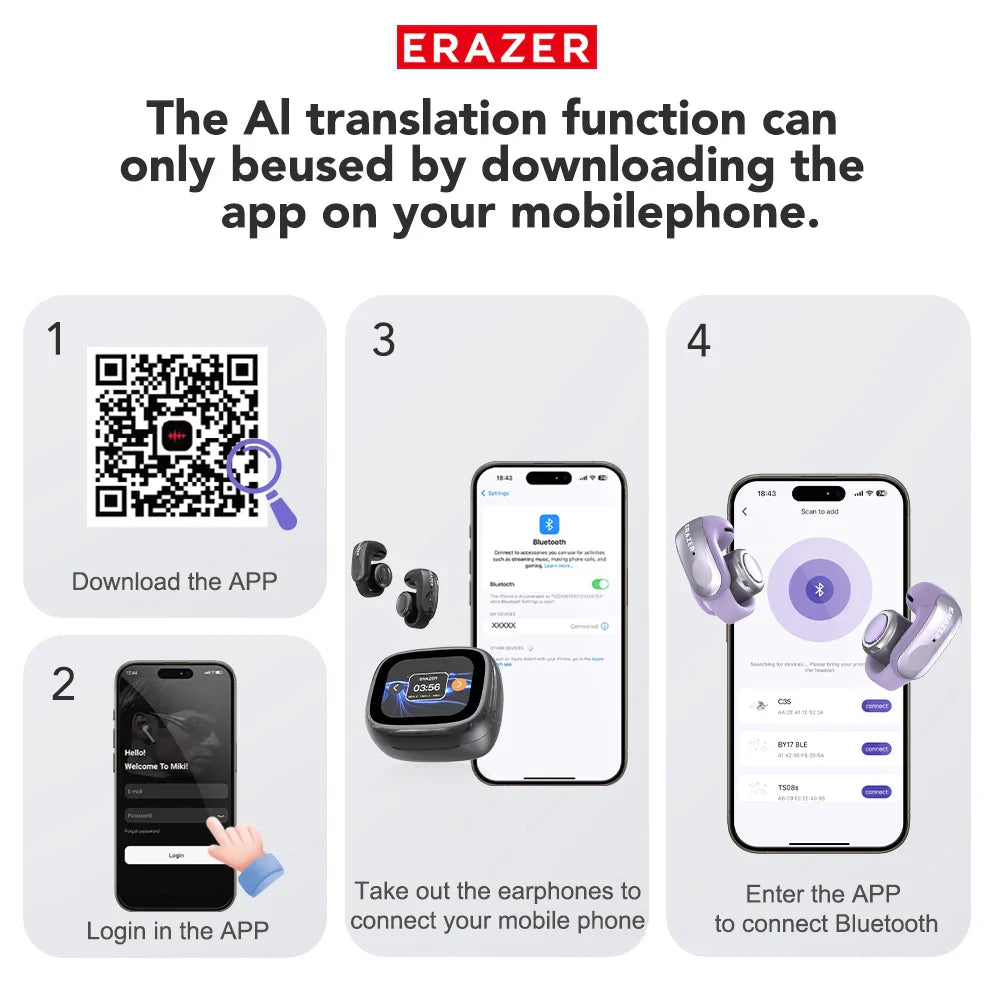 Translator ERAZER XF28 Bluetooth V6.0 Open-ear True Wireless EarbudsTranslation Earphones Office Travel,ASMR Headset APP