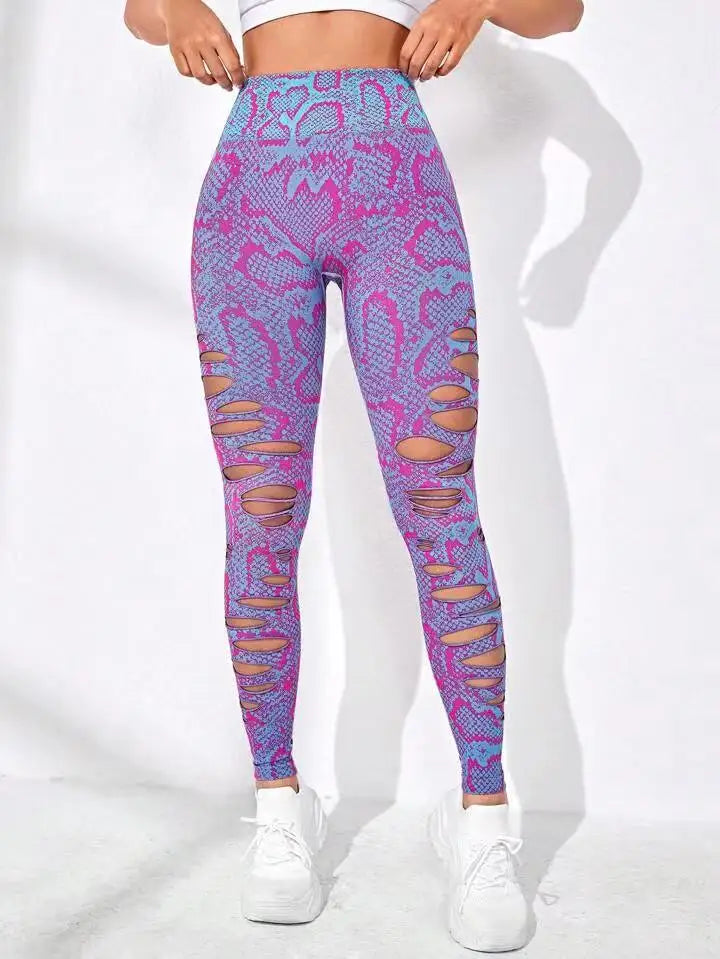 Women Tie Dye Hollow Out Leggings Sports Pants Fitness Sportswear Sexy High Waisted