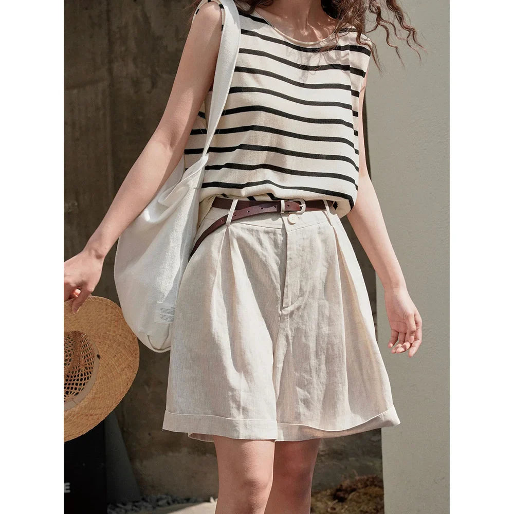 Summer Korea Style Lazy Linen Curled Bermuda Shorts Wide Leg Loose Slim Casual Hot Pants For Women