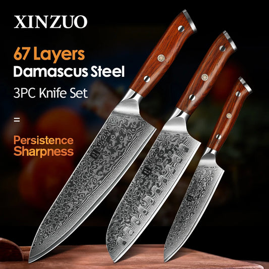 1PCS or 3PCS Kitchen Knife Sets Japanese Forged Damascus Steel Chef