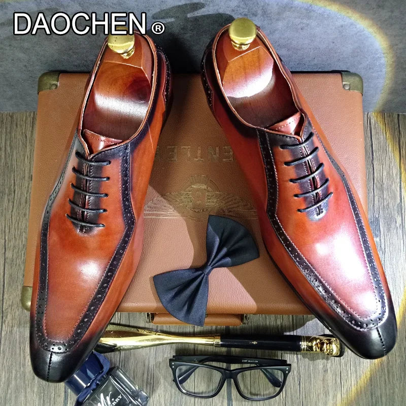 LUXURY MENS OXFORD SHOES LACE UP BROWN SPLIT TOE CASUAL DRESS MEN SHOES BUSINESS OFFICE WEDDING LEATHER FORMAL SHOES MEN