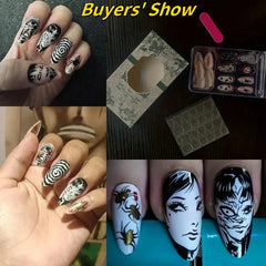 24Pcs Horror Comic Tomie Press on Nails Almond Glossy Black Japanese Anime Nails