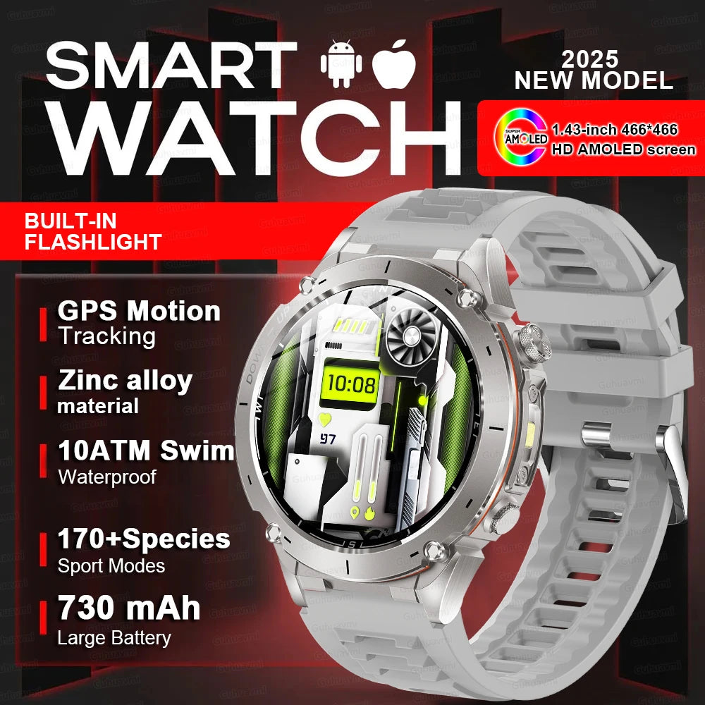 2025 Upgraded New Outdoors Sports Military GPS Smart Watch 10ATM Waterproof 730mAh High Battery Compass NFC HD BT Call Men Watch