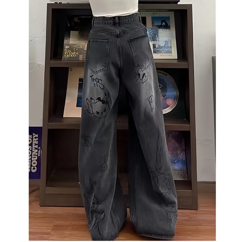 American Black High Street Casual Cartoon Print Wide Leg Pants for Women