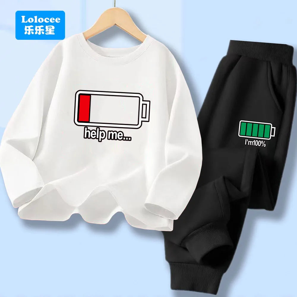 Autumn Kid Boy Long Sleeve 2pcs Clothes Set Children Funny Battery Letter Printed T-shirt Pullover Top And Pants Tracksuits DCW1