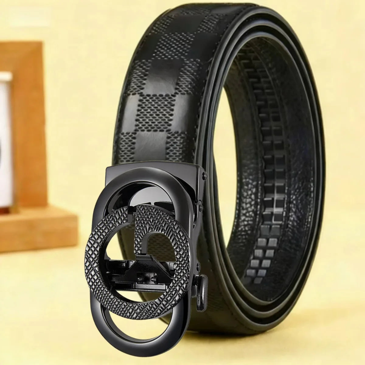 Cross-Border Men's Automatic Buckle Checkered Top Layer Cowhide Belt Business Casual Versatile Letter Waist Belt Wholesale