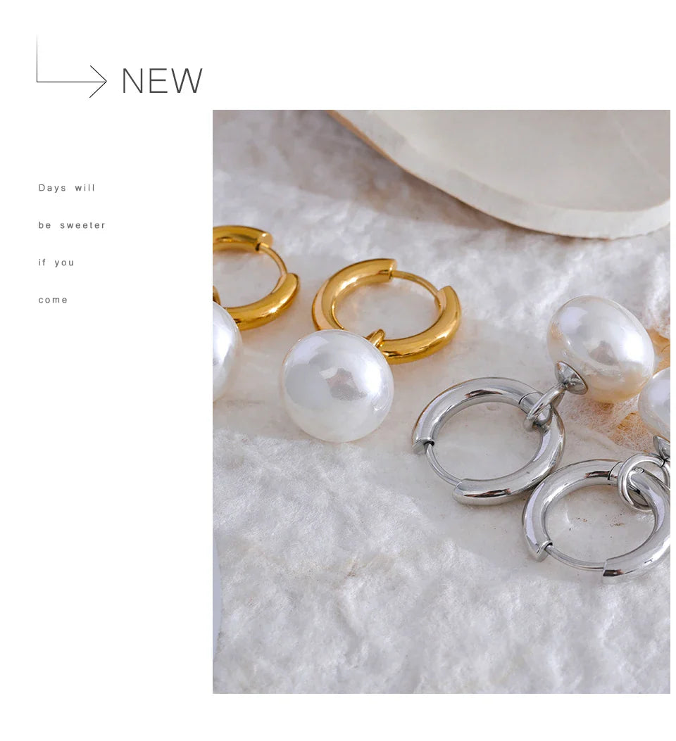 Yhpup High Quality Imitation Pearls Drop Stainless Steel Golden Korean Hoop Earrings Charms Fashion Jewelry Bijoux Femme Gift