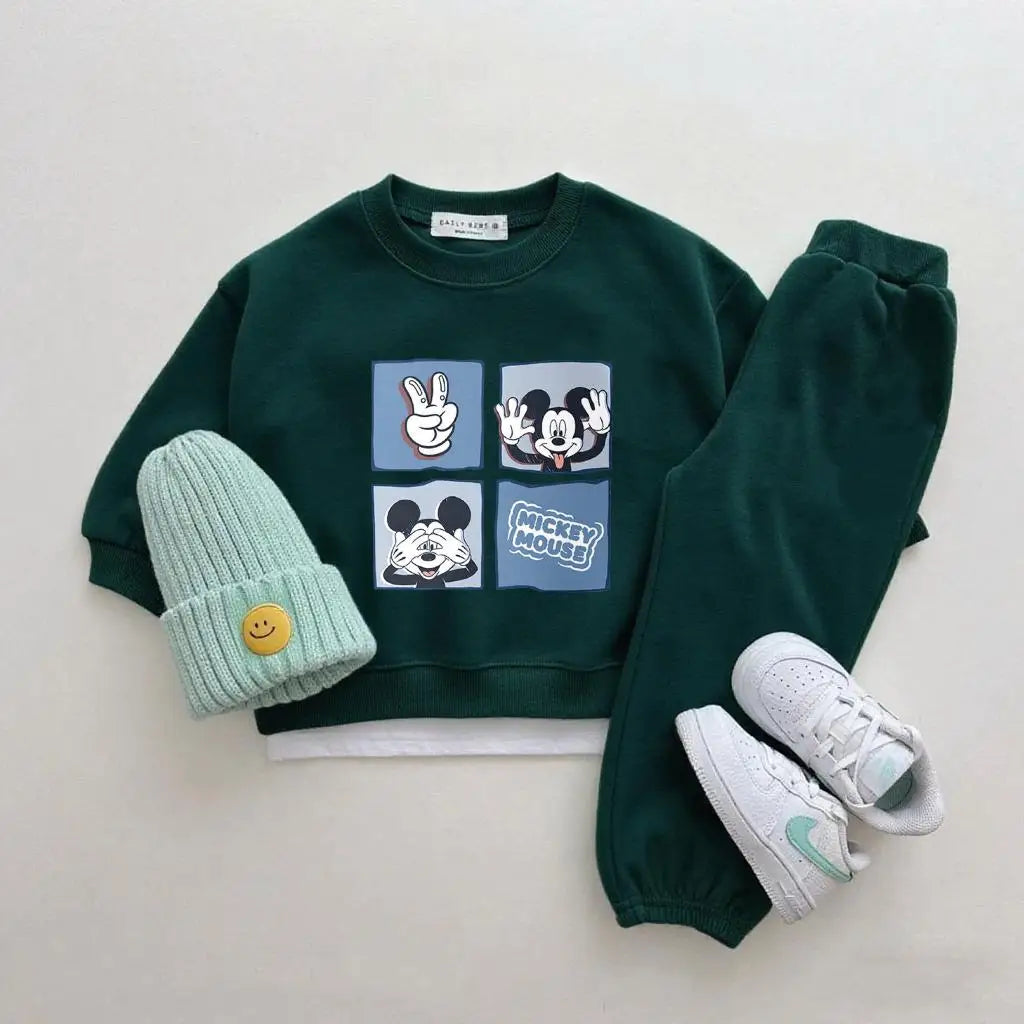 Boys Trendy Wear Long-sleeved Tracksuits Children 2026 Costume Mickey Mouse Tops Green Sweatpants New Two Piece Baby Clothing