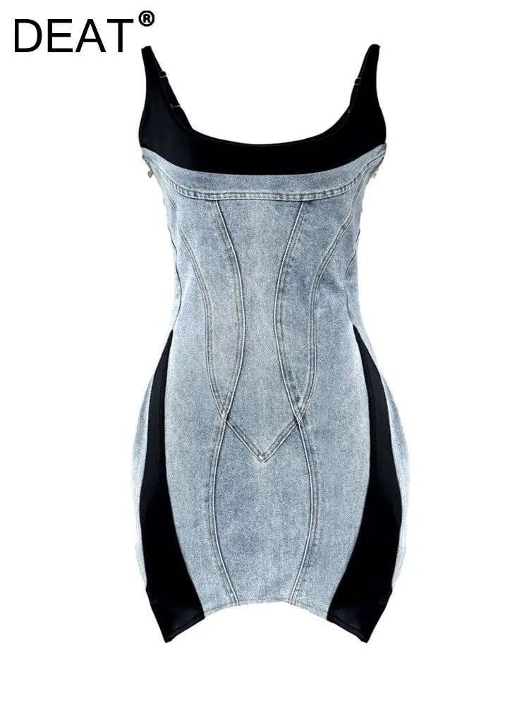 Women's Denim Dress Slim Stretch Patchwork Design Contrast