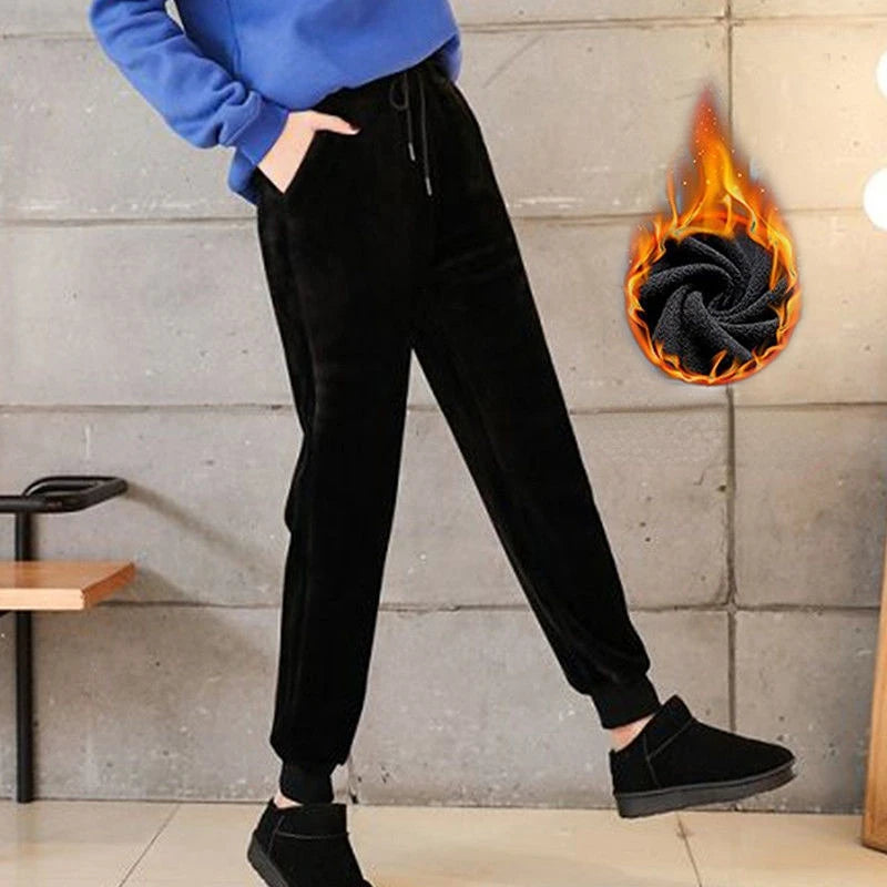 Women Winter Lamb Fur Cashmere Slim Pants Casual Keep Warm Thick Trousers