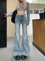 Women Mid Waist Stretch Slim Fit Flare Jeans Lady Y2K Blue Wash Trousers