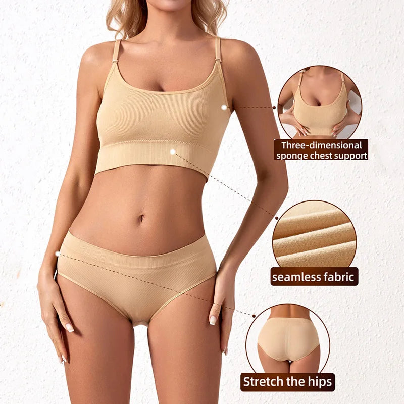 Women Seamless Bra Set Low Waist Panties Wire Free Bra Bralette