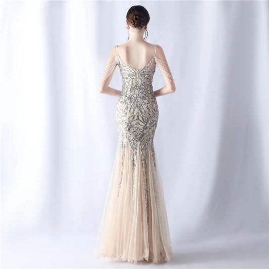 Luxury Evening Dress with Beads Women's Mermaid V Neck Sequin Party Maxi Dress