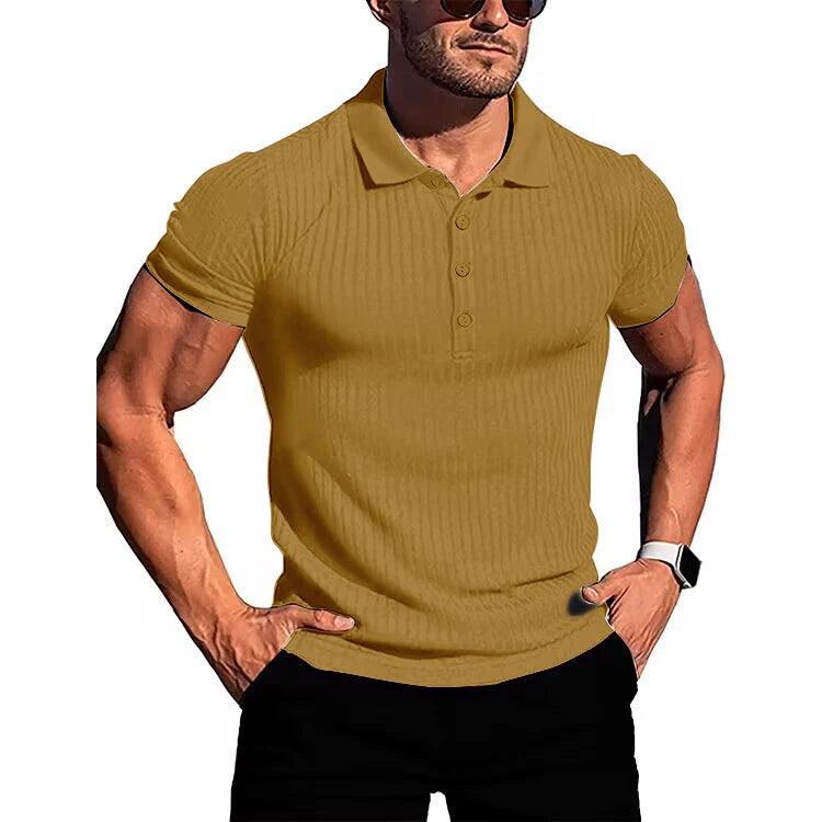 Men's running sports fitness wear summer high stretch vertical short-sleeved POLO shirt slim knit base shirt