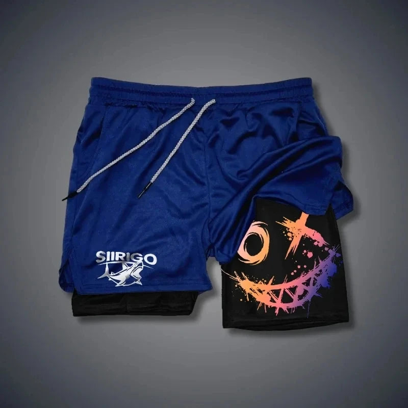 2024 Men's Smiling Face Printed Fitness Shorts Double-Layer 2-in-1 Quick Drying Fitness Outdoor Leisure Training Sports Shorts