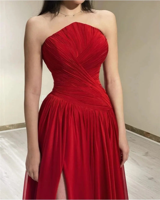 Lorrtta Red Chiffon Long Prom Dresses Strapless Pleated Side Split Party Gowns