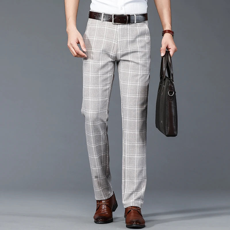 Plaid Work Stretch Pants Men Business Fashion Straight Grey Blue Casual Pant Male