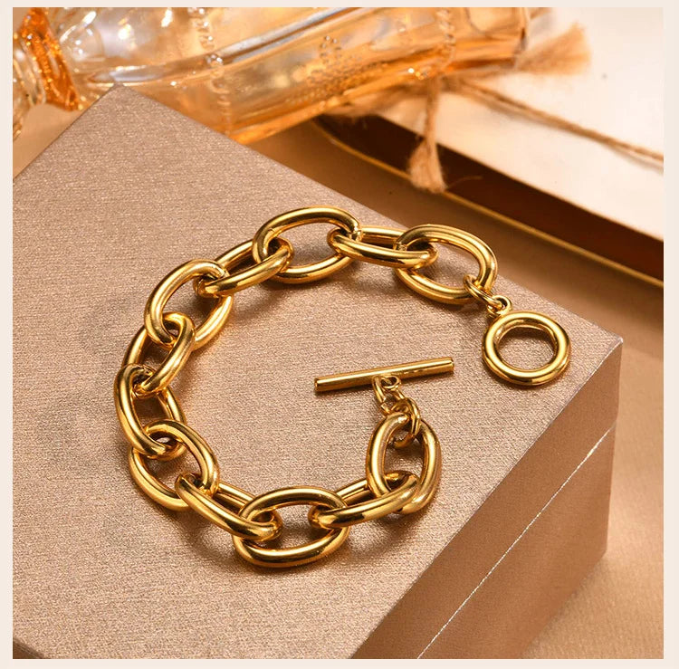 Chunky Bold Toggle Bracelets for Women, Stainless Steel OT Buckle Link Chain Bracelet Gold Plated Tarnish Free