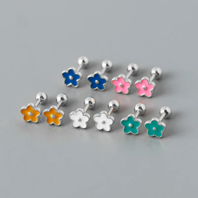 WANTME 925 Sterling Silver Romantic White Enamel Flower Screw Bead Stud Earrings for Women Fashion Simple Piercing Jewelry Gift