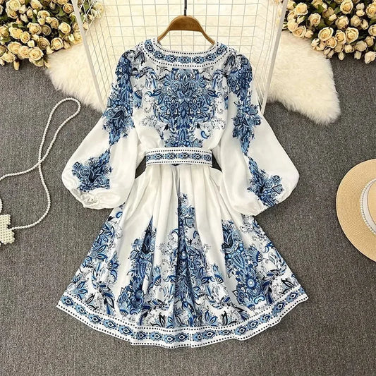 Women's Fashion Autumn Blue Print V-Neck Long Sleeve Bohemian Dress