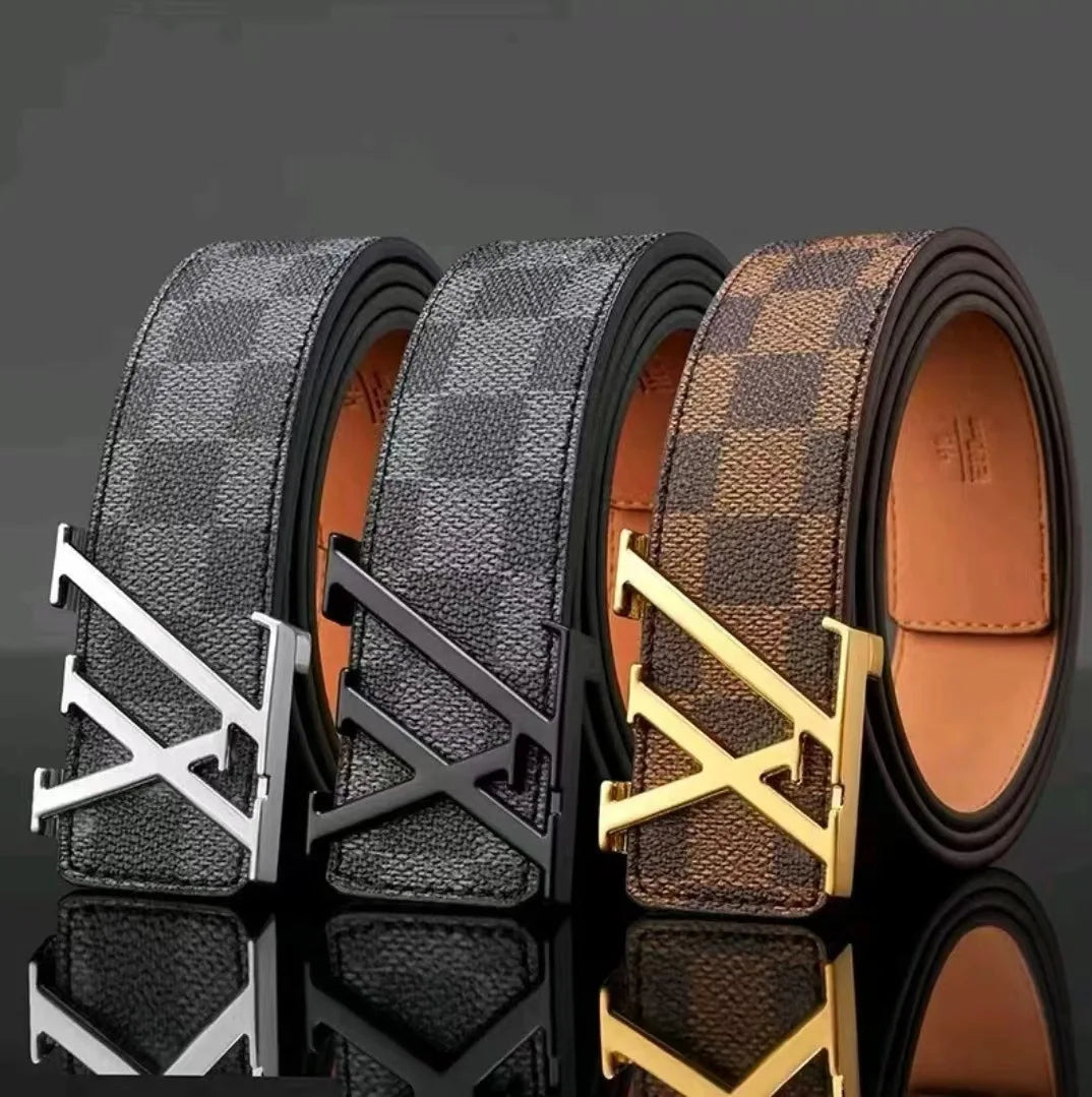 Light Luxury Premium Mens Leather Belt Check Pattern Genuine Pure Cowhide Casual Business Trendy Waist Belt