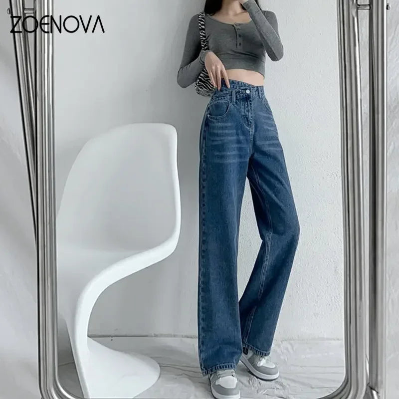 Baggy Straight Jeans Y2K Office Lady Women's Loose Pants Fashion Light Blue Cross