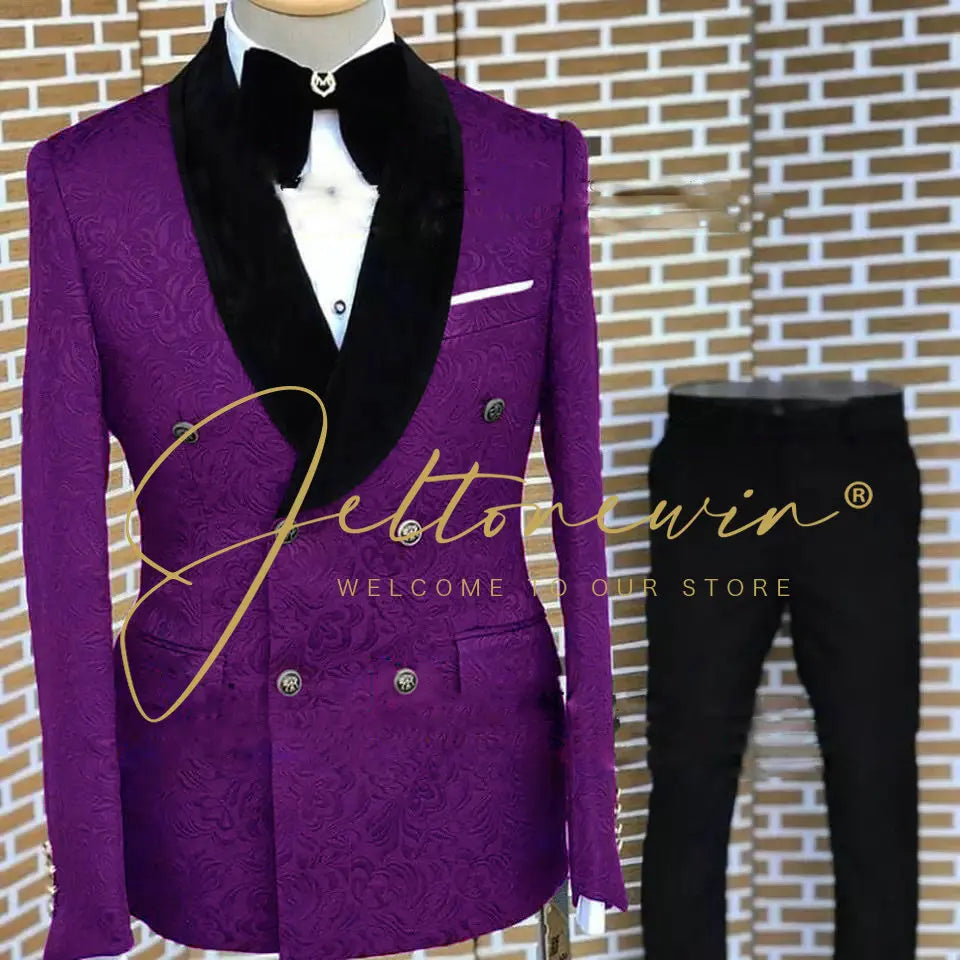 Tuxedo for Mens: Burgundy Jacquard Men Suit Slim Fit Double Breasted Wedding Suits