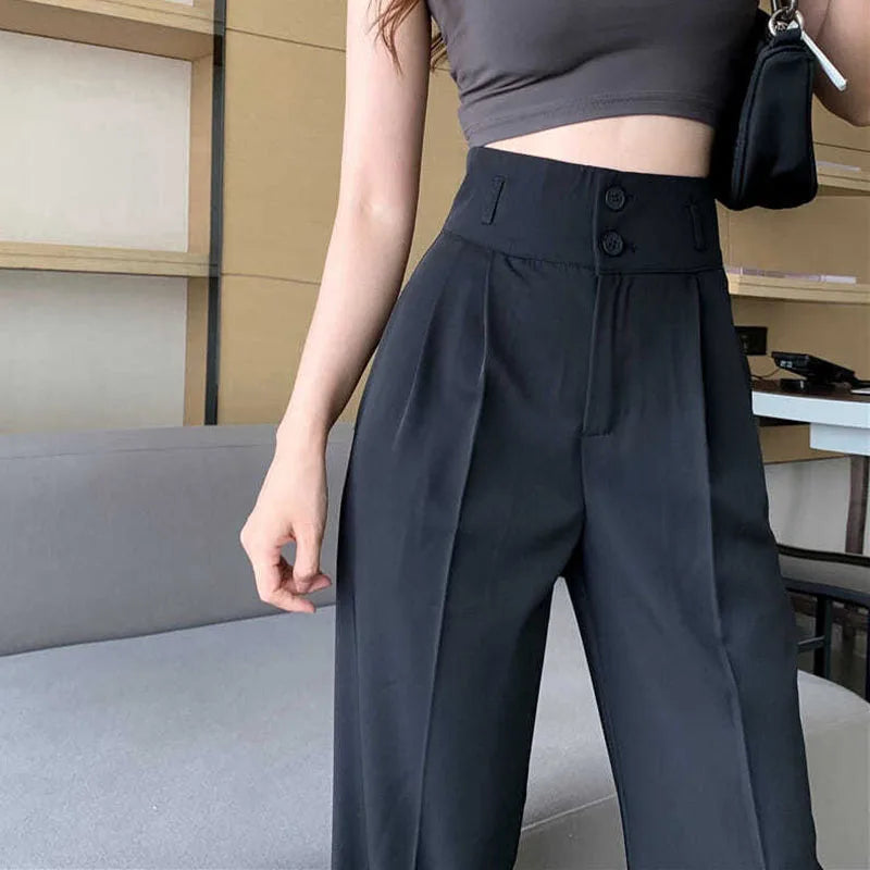 Black White Women Straight Pants Korean Fashion High Waist Wide Leg Trousers