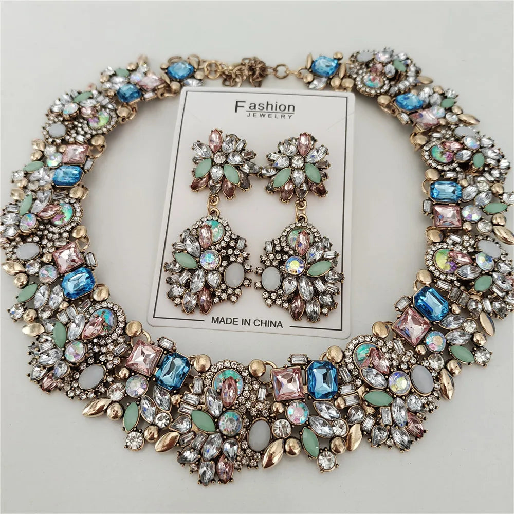 2025 New Fashion Crystal Rhinestones Large Collar Choker Necklace Earrings Women Jewelry Sets Indian Statement Wedding Necklace