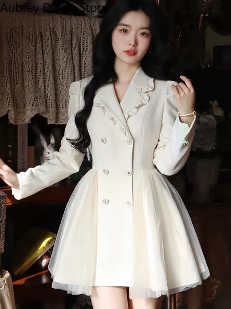 Evening Dresses: Mini White Dress Women Vintage Chic Bow Mesh Design Formal Dress