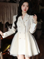Korean Elegant Mini White Dress Women Vintage Chic Bow Mesh Design