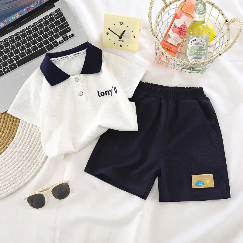 ‌Boys' 2025 New Summer Polo Shirt & Shorts 2-Piece Set Trendy Sporty Waffle Knit Outfit Cool Casual Toddler Kids Clothing