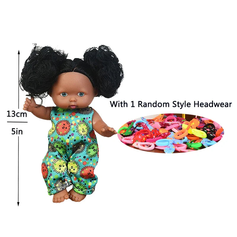 5in/13cm Kawaii Cute Black New Reborn Baby Dolls Educational Dolls Black Skin Black Hair With Cute Bow Headwear Birthday Gift
