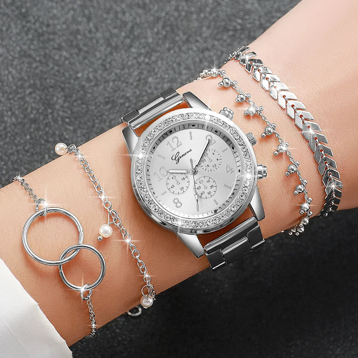 5PCS/Set Fashion Rhinestone Women's Watch Alloy Band Analog Quartz Watches Bracelets Set Reloj Mujer Girls Clock