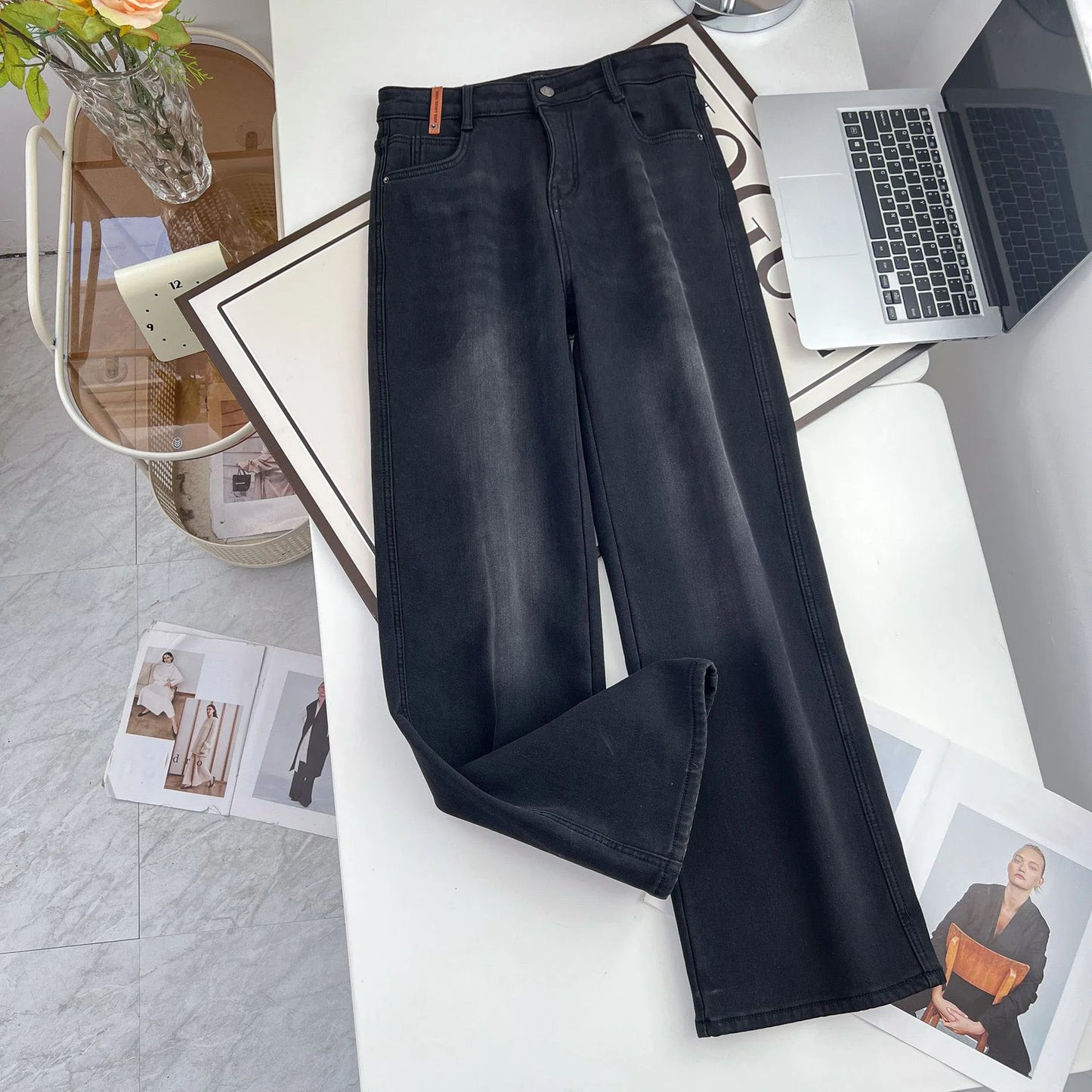 Autumn And Winter 100KG Fleece-lined Denim Full Length Pants Plus Size Women's