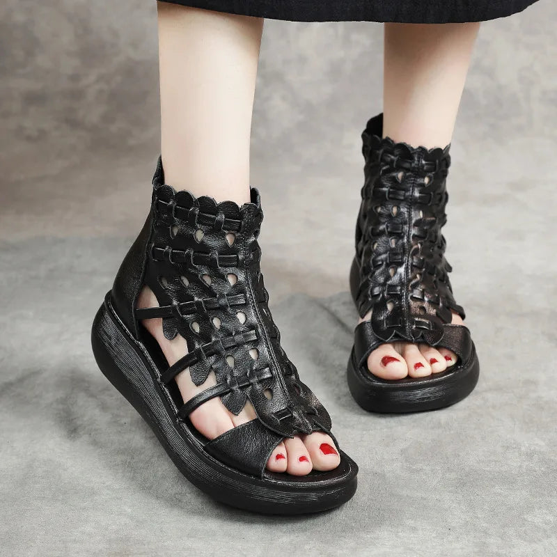 GKTINOO 2023 Summer Women Sandals Genuine Leather Wedges High Heel Platform Hollow Peep Toe Female Ladies Shoes Zapatos De Mujer