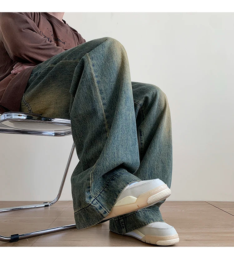 Distressed Vintage Blue Jeans Pants Men Wide-leg Denim Trousers Male