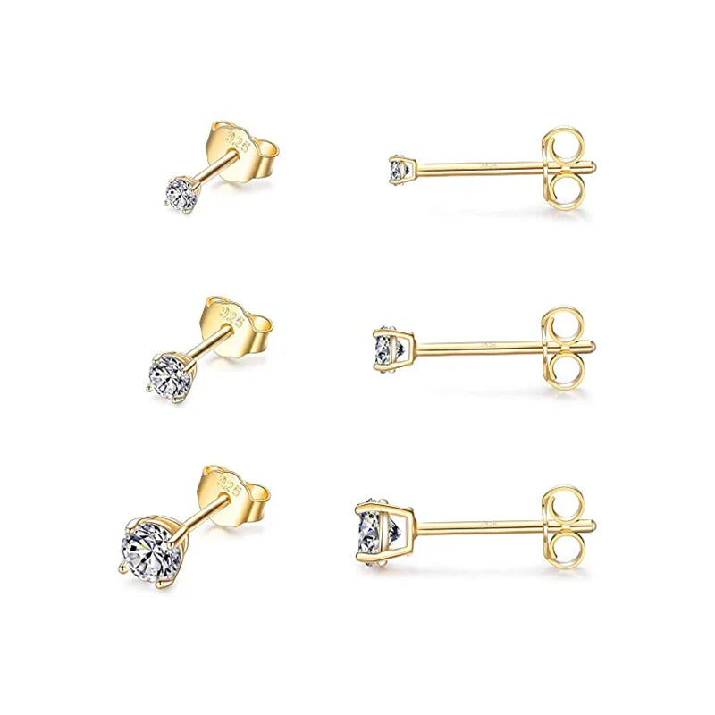 CANNER 3pcs/set Bling Zircon Earring 925 Sterling Silver Cute Mini Heart Star Stud Earrings Ear Bone Earlobe Piercing Jewerly