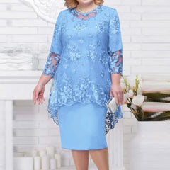 Plus Size 5XL Lace O-neck High Waist Midi Dress Elegant Lace Embroidery