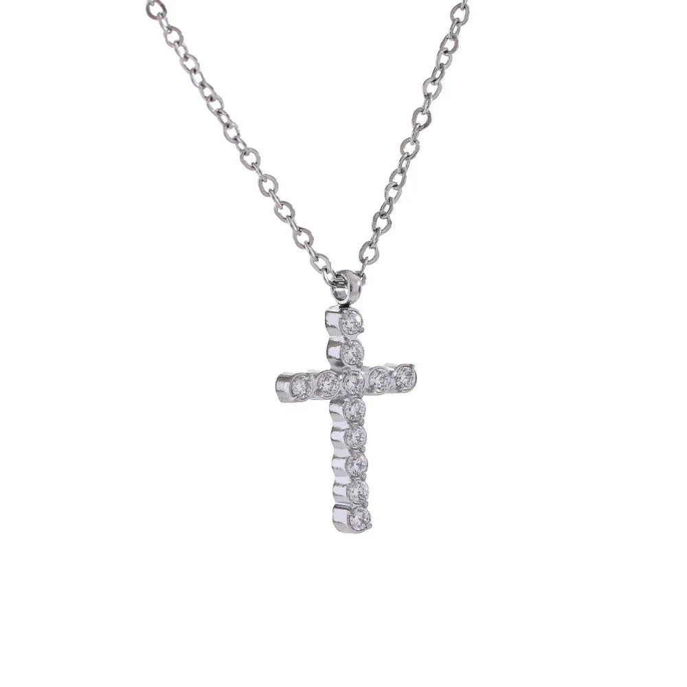 Yhpup Delicate Shiny Cubic Zirconia 316L Cross Pendant Necklace for Women Stainless Steel High Quality Jewelry Water Resistant