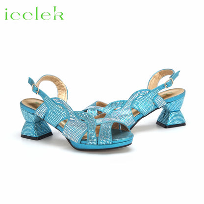 Hot Selling Sky Blue Ladies Peep Toe with Crystal Design Sandal with Bag Set For Women Wedding Party Pump