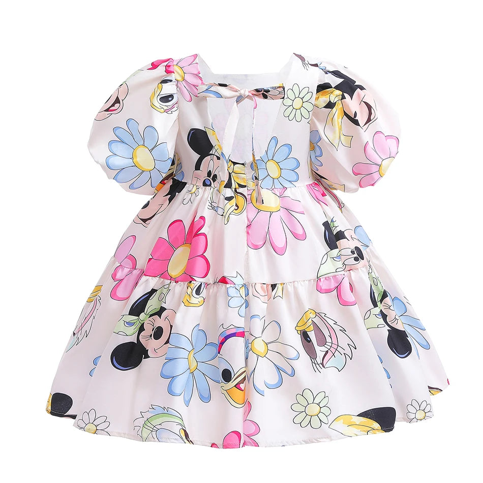 Mickey Mouse Donald Duck Cartoon Print Dress for Baby Girls Cute Floral Casual Frock Chic Kid Fashion Loose Summer Vestidos Robe