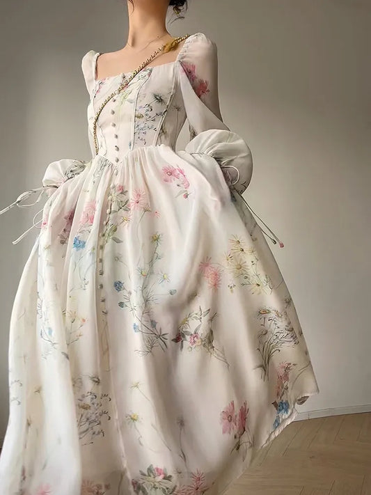 French Elegant Floral Midi Dress Chiffon Long Sleeve Evening Party Dress