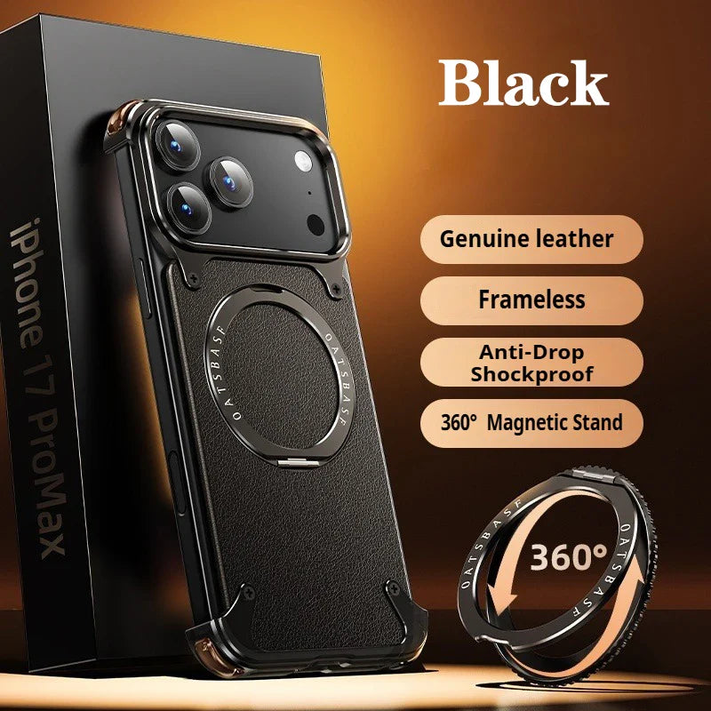 iPhone 17 Pro Max Air Phone Case Genuine Leather Magsafe Frameless Shell With 360°Rotate Magnetic Stand Anti-Drop Cover