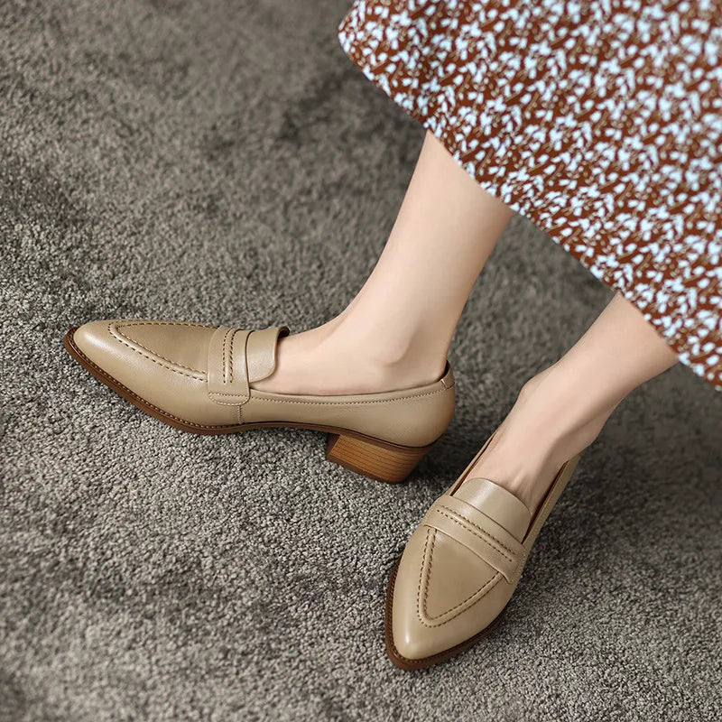 FEDONAS Mature Women Pumps New Sewing Genuine Leather Pointed Toe Thick Heels Shoes Woman Spring Summer Office Ladies Dress