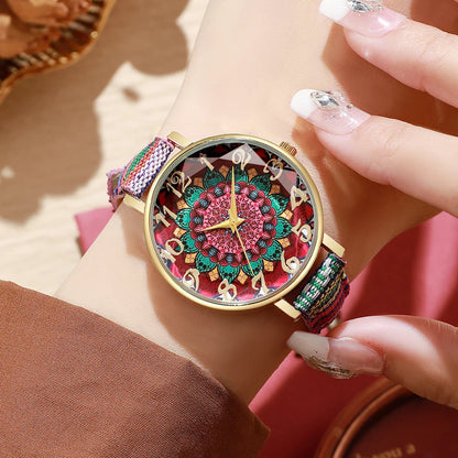 1/2/3/5PCS Fashion Women Watches Vintage Flowers Printed PU Strap Quartz Watch for Women Clock Gift Reloj Mujer（Without Box）