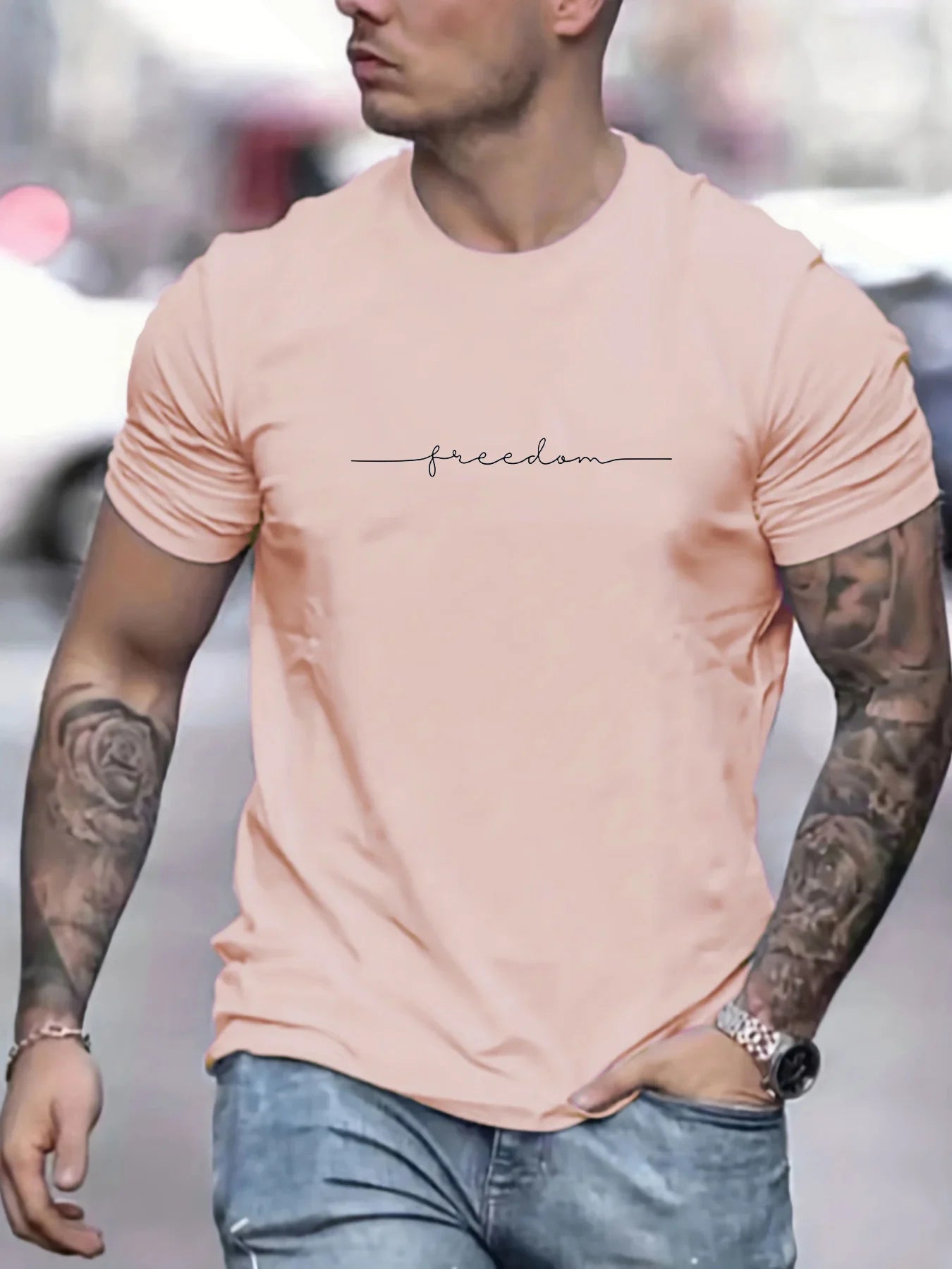 Men's Summer Loose Size 100% Cotton Freedom Graphi Print Casual Slim Fit Round Neck Short Sleeve T-shirt Top