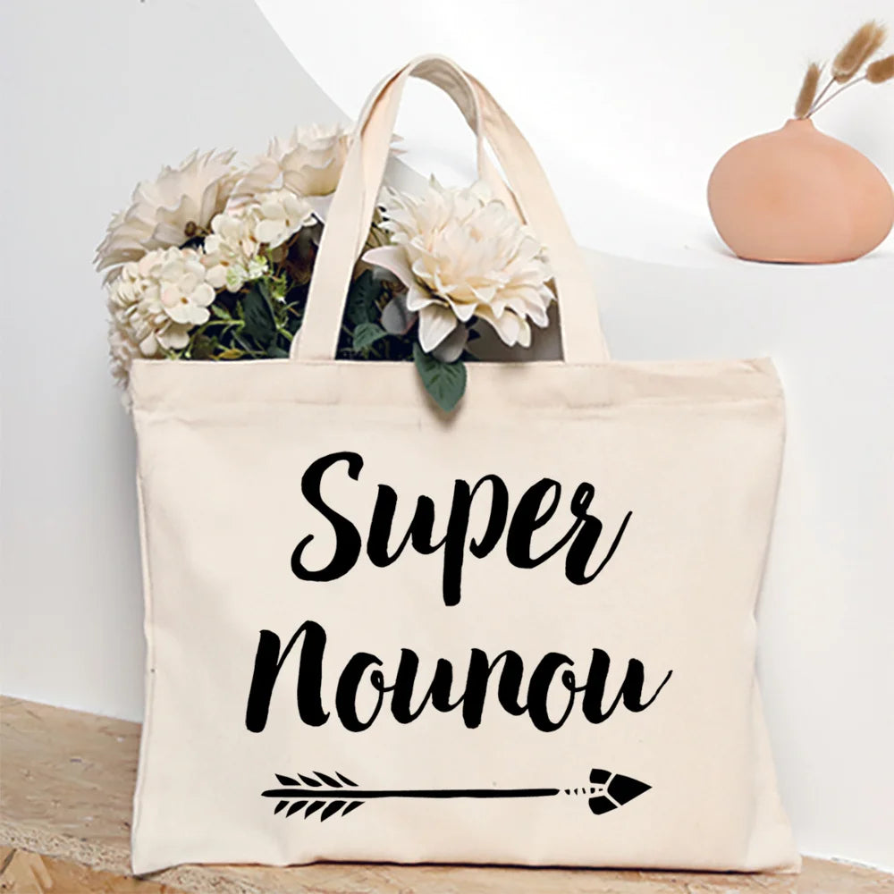 Merci Nounou French Printed Women Shoulder Bag Canvas Tote Bag Female